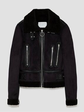 Zara Women’s Black Shearling-Trim Moto Jacket